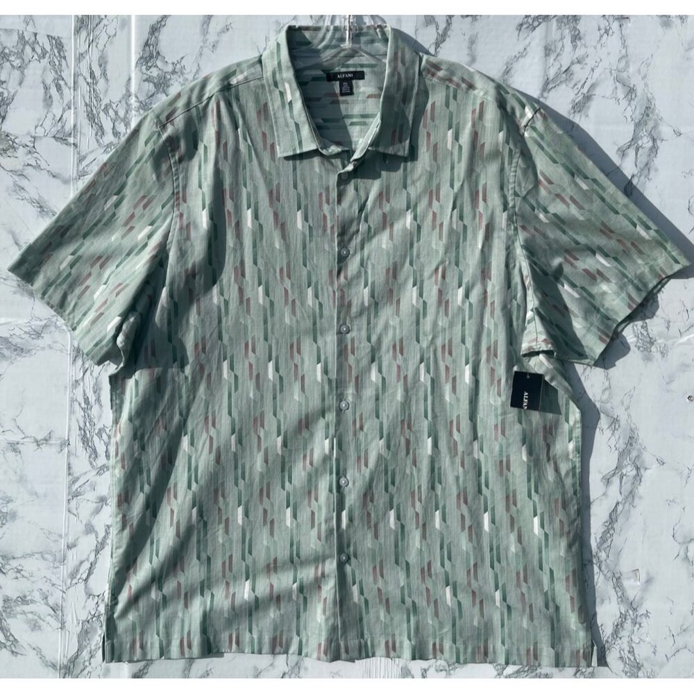 Alfani Mens Size XXL Short Sleeve Button-Up Shirt Geometric Print Mint Sugar